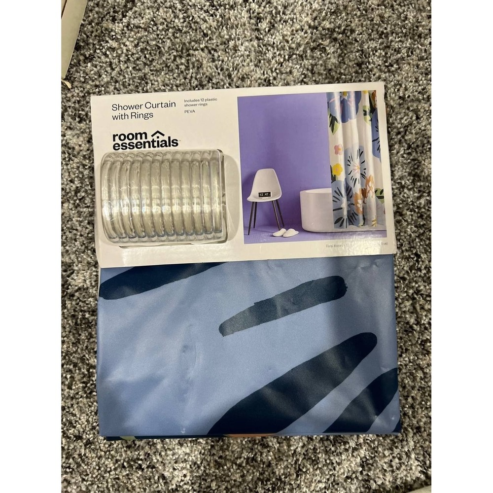 Room Essentials ~ Blue Floral Shower Curtain with Rings